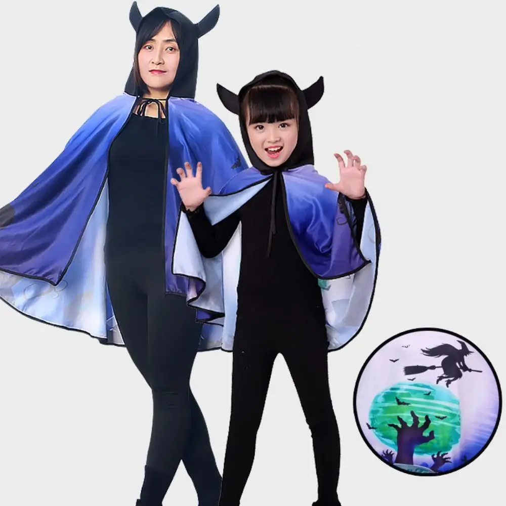 

Children Day Halloween Cloak Cape Cartoon Witches Robes Devil Horn Hooded Cloak Cosplay Props Adult Kids Cosplay Costume