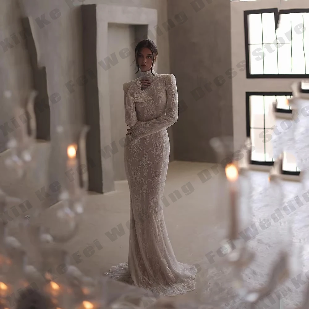 lvory Lace Wedding Dresses High Neck Full Sleeves Bridal Gowns Women Sweep Train Bride Dresses Customized vestidos de novia Robe