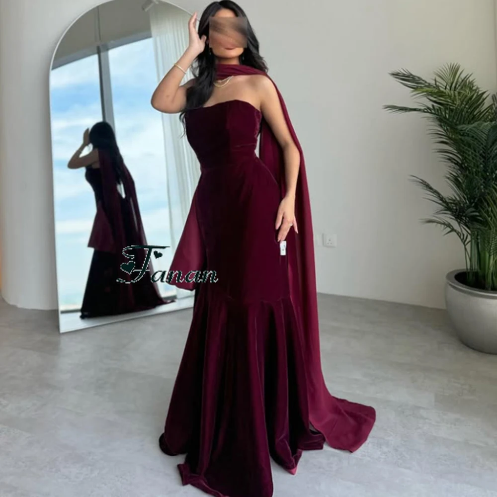 Customized Strapless Burgendy Mermaid Evening Dresses With Cape Draped Floor Length Party Prom Gowns Backless Sleeveless Dresses