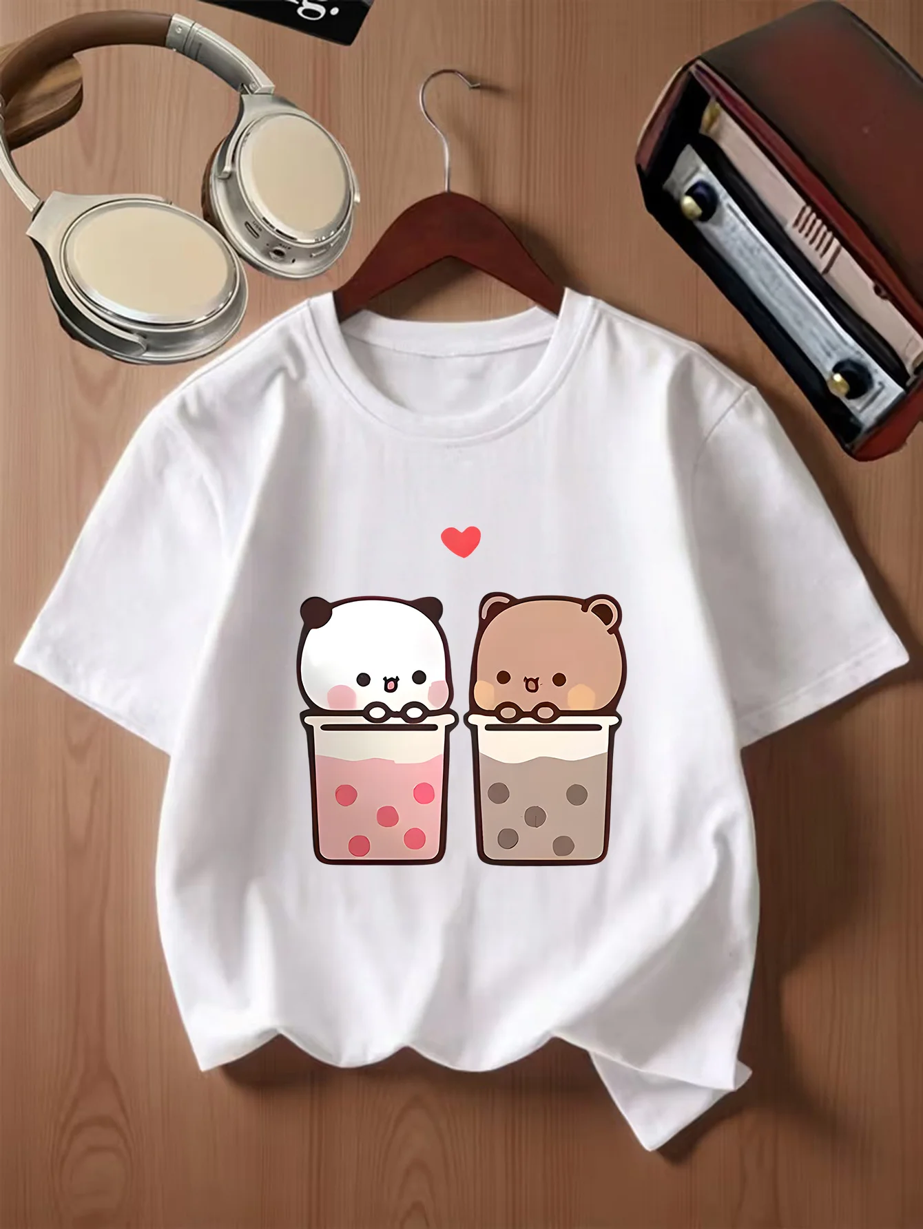 Lovely Panda And Bear Bubble Tea Cup Sweet Cartoon Print Kids T Shirt Boys Girls Family Matching Summer Crew Neck Casual Tee