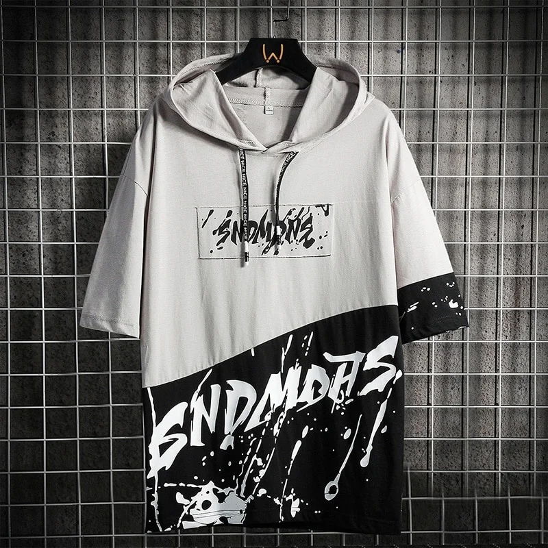 

New Summer Super Fire Hooded Tshirts Men Short Sleeve Hip Hop Fashion Boy Tee Shirt Men's Patchwork Streetwear Harajuku Hoodies