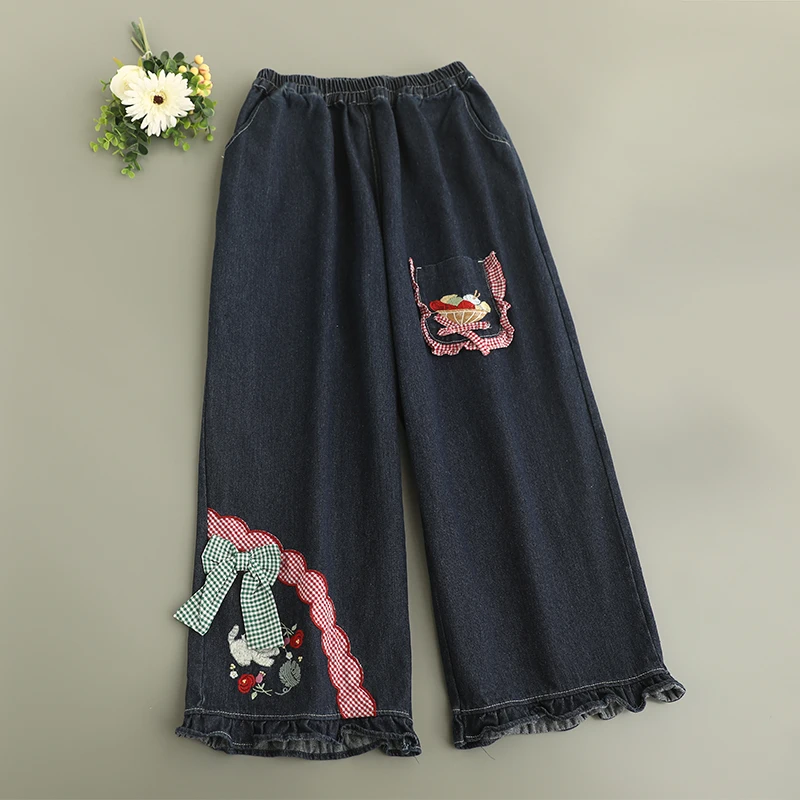 Japanese Sweet Mori Girl Vintage Bow Plaid Embroidery Patchwork Denim Pants Women Spring Elastic Waist Casual Straight Jeans