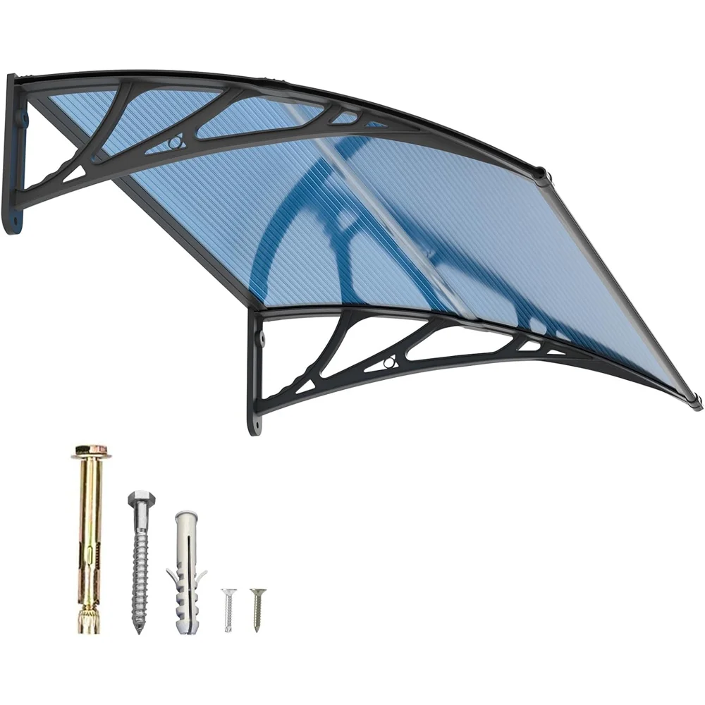 

Window Awning Door Canopy Polycarbonate Cover Patio Door Awning UV Rain Snow Sunlight Protection Black Bracket Blue Board