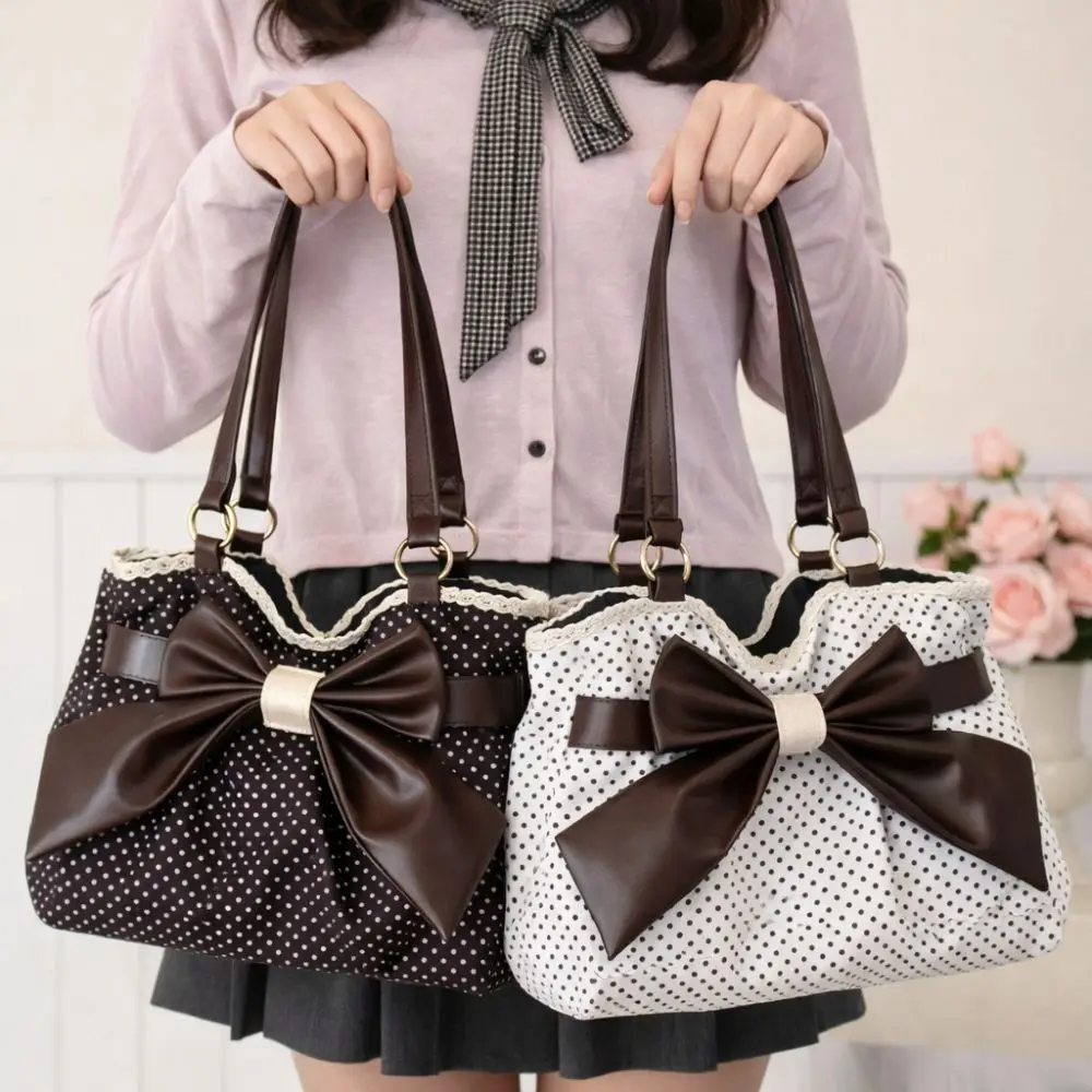 Trendy Vintage Women's Bow Handbag Y2k Casual Chic Lady Shoulder Bags All Match Aesthetic Dot Ins Underarm Bag Streetwear