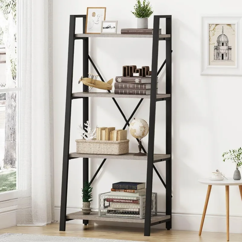 BON AUGURE Ladder Bookshelf, 4 Tier Industrial Ladder Shelf Bookcase,Standing Leaning Book Shelves for Living Room,Dark Gray Oak