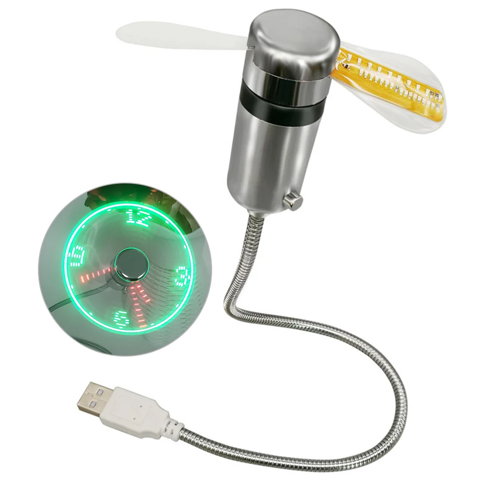 Metal Mini Fan DC 5V Mini Cooling Flashing Fan USB Powered Flexible Gooseneck LED Clock Real Time Display for Laptop PC Notebook