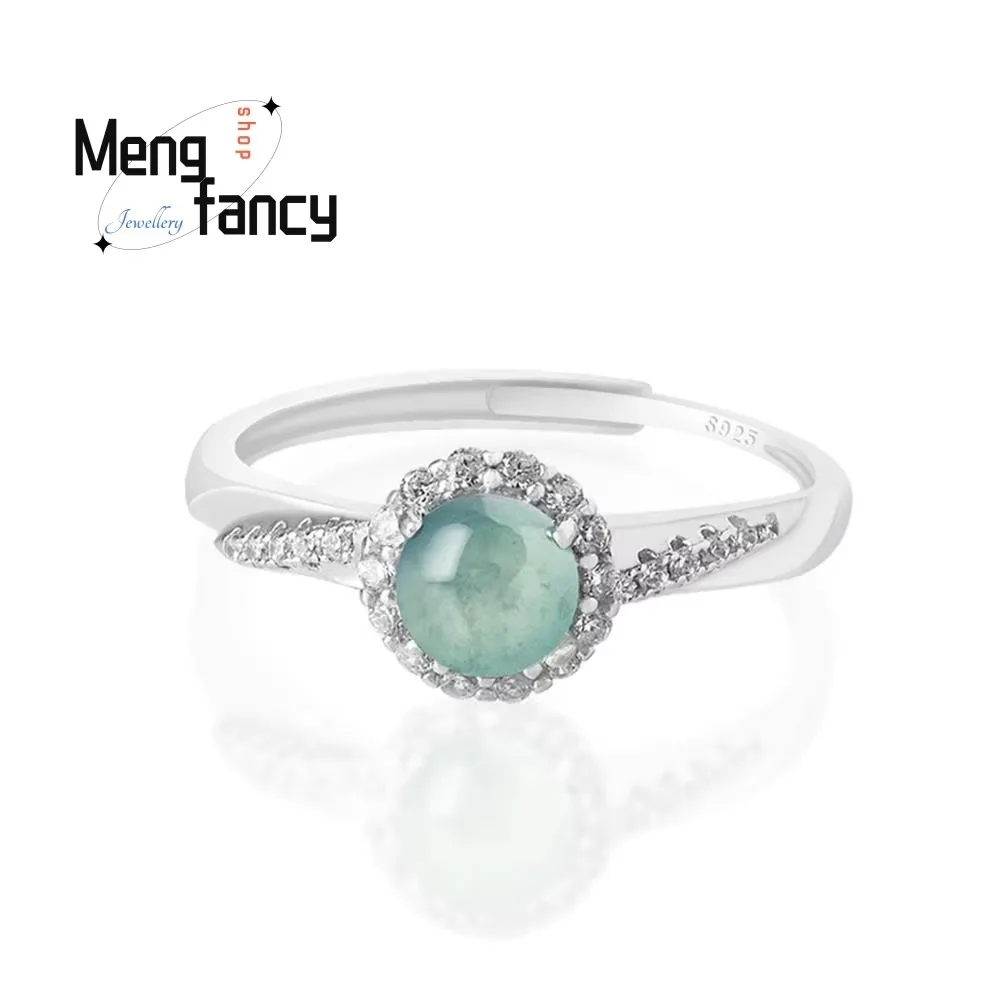 

S925 Серебряное инкрустированное натуральное кольцо из жадеита с синим водным льдом, простое изысканное модное роскошное ювелирное изделие для пар, сексуальные молодые девушки