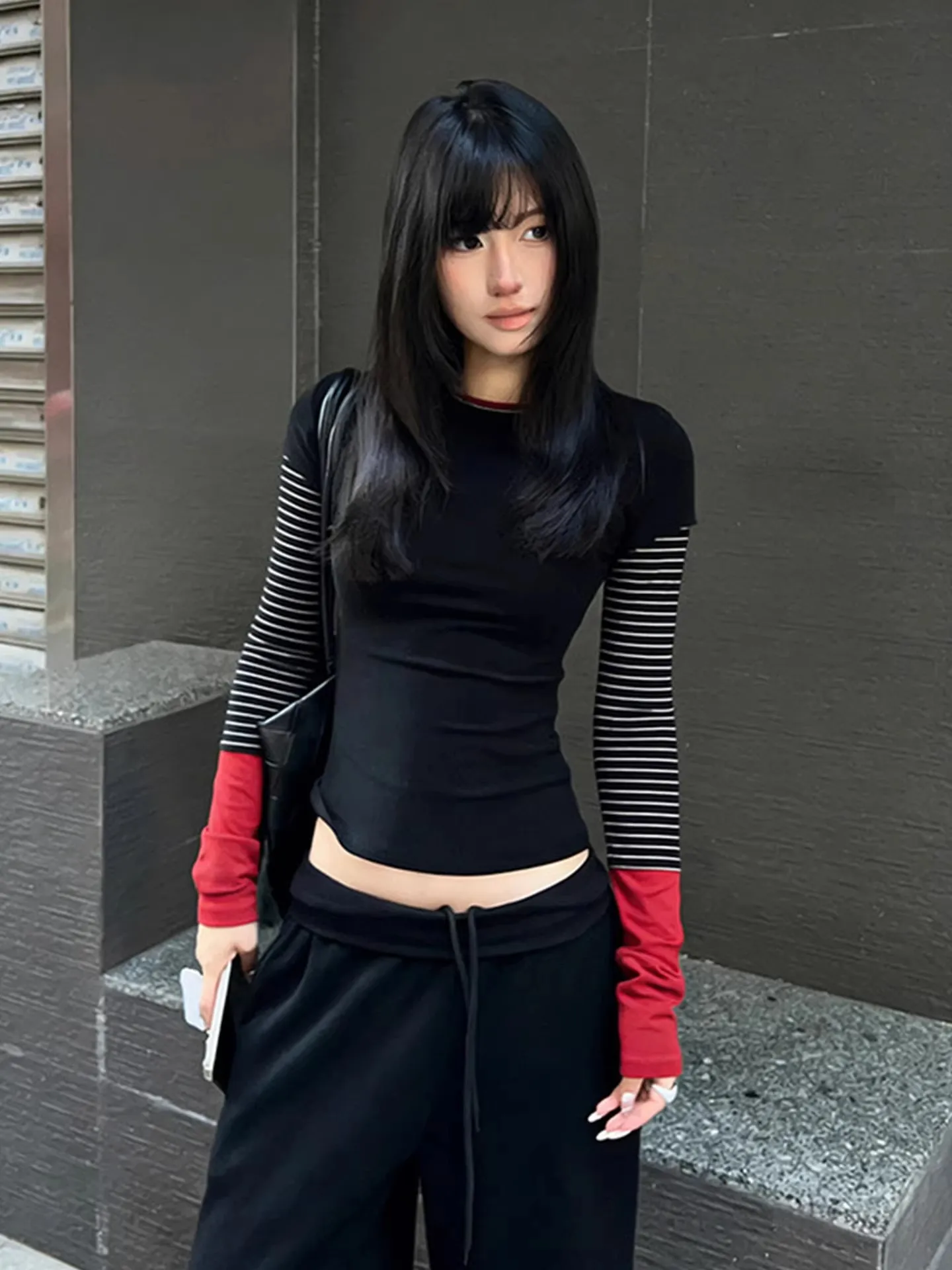 Retro American Spliced Color Block Long Sleeve Women's T-shirt Slim Fit Base Layer Shirt Stripe Pattern Casual Style Spring N...