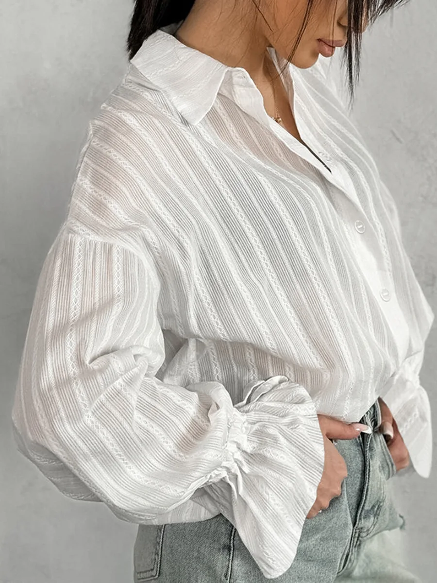 2026,New,European,Clothes,Jacquard weave,Blouse,Women,Fashion,Sexy,Button,Turn-down collar,Flare sleeve,All Match,Tops,6715001