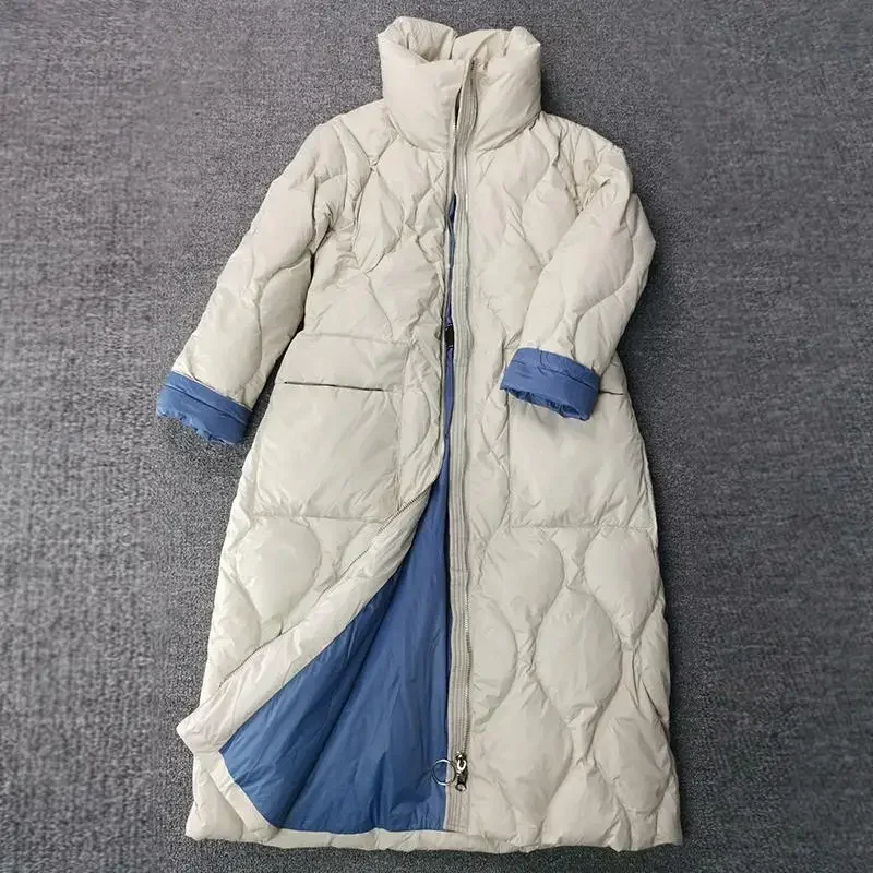Winter European New Women's Down Jacket Commuting Splicing Windproof Stand Up Collar Long Down Jacket