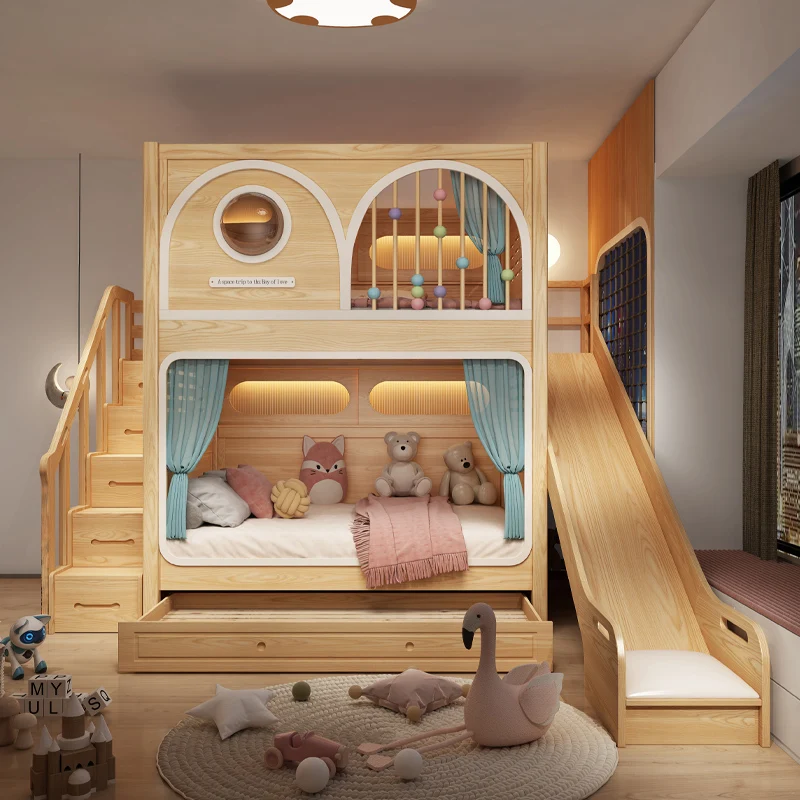 La litera totalmente de madera maciza, las camas altas y bajas no se interfieren con cada otra cama doble para hermanos.