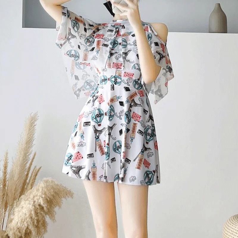 2023 Summer Fashion Oversized Temperament Women's Clothing Slimming Conservative Seaside Vacation Printed Off Shoulder Swimwears