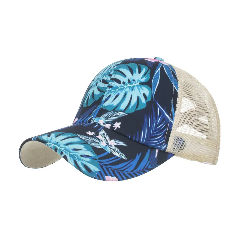 Women's New Spring/Summer Navy Blue Floral Double-Cross Elastic Mesh Ponytail Baseball Cap Sun Hat