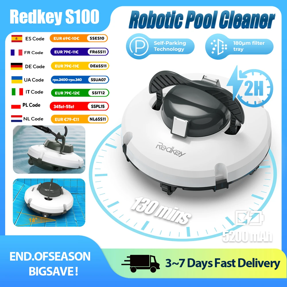 Nettoyeur de piscine robotisé sans fil Redkey S100 avec double moteur et stationnement automatique pour piscines à fond plat