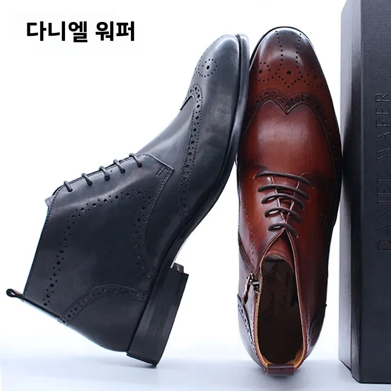 Handmade Men\'s Ankle Boots Casual Leather Western Cowboy Shoes Black/Brown Wingtip Lace-Up Wedding Office Dress Footwear