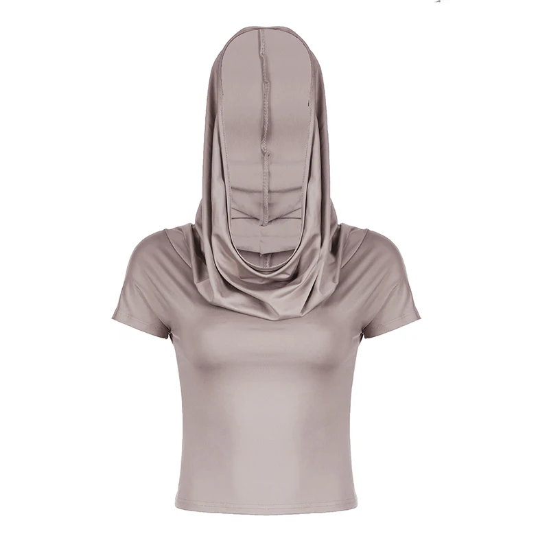 BIIKPIIK Hooded Slash Neck Solid Crop Tops For Women Casual Half Sleeve T-shirts Concise Basic Female Tees Grunge Trend Outfits