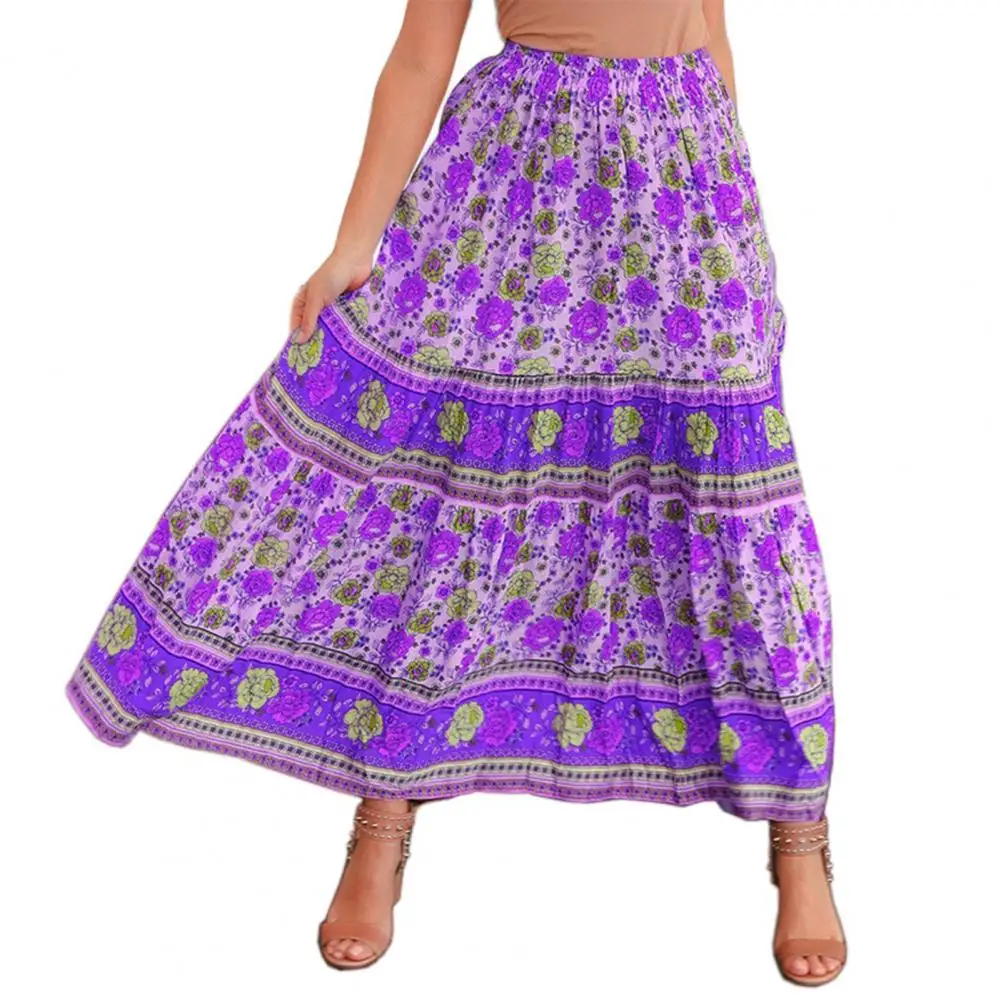 Elastic Waist High-Waist Women Skirt Flowy Hem Bohemia Floral Print Maxi Skirt Streetwear 