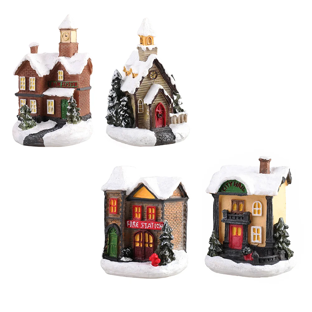 

4 Pcs Christmas Glowing House Luminous Decor Xmas Ornament Creative Resin Decorate