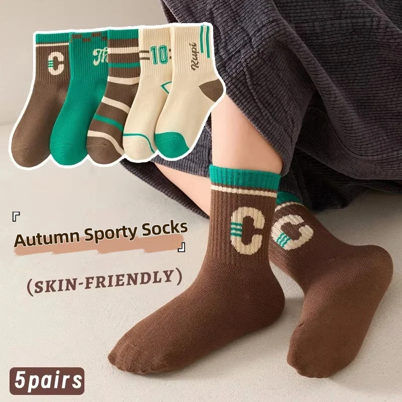 

5 pairs/bag Children's Socks Autumn Cotton Socks Kids Letter Spoty Socks Boys Baby Mid Calf Autumn Socks