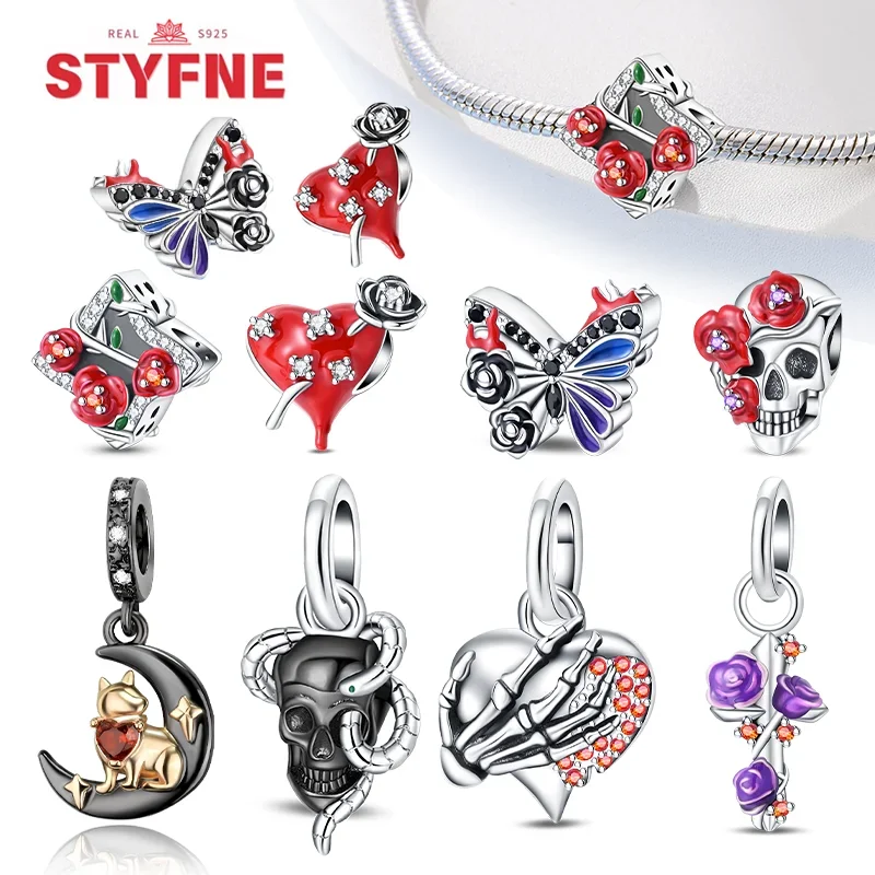 

Silver 925 Rose Heart Butterfly Charm Halloween Skull Blood Beads Fit Original DIY Bracelets Party Gifts Fine Jewelry for Women