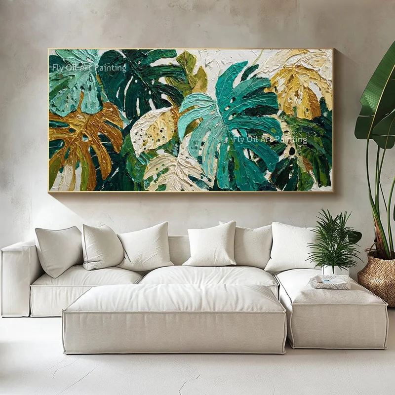100% Hand‑Painted Impasto Tropical Plant Oil Painting, Heavy Textured Canvas Art, Vibrant Green Leaves Contemporary Wall Decor