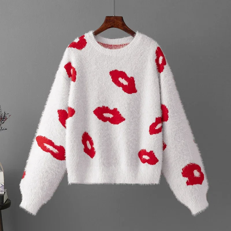 Casual Loose Warm Soft Sweater Winter Women Pullover New Women Valentine's Day Jumper O Neck Korean Pullover kiss Love Sweater