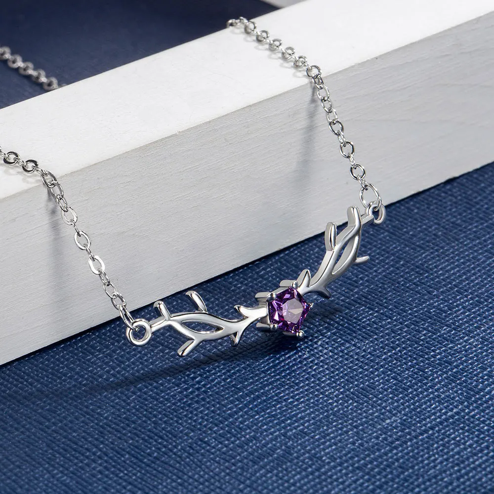 925 Sterling Silver Antler Necklace for Women, Purple Cubic Zirconia Pendant Clavicle Chain, Minimalist Jewelry Gift