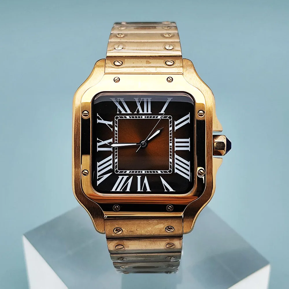 Rose color NH35 watch square case men's stainless steel automatic mechanical watch Roman dial suitable for NH35 watch accessorie