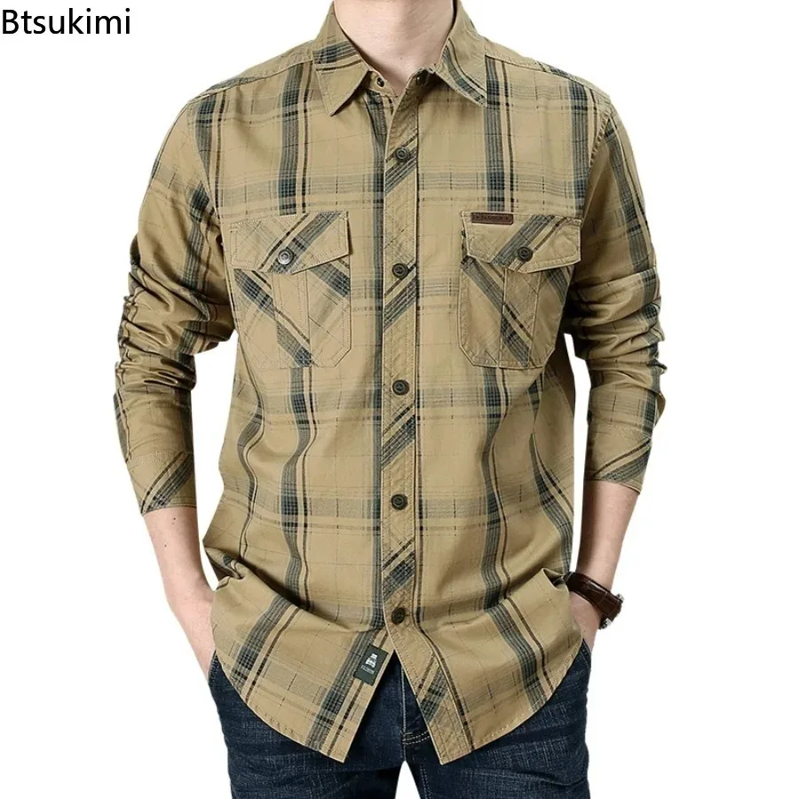 

Spring Autumn Men's Cotton Long Sleeve Cargo Shirts Vintage Plaid Loose Casual Shirt Jacket Men Outdoor Tactical Work Shirts 5XL