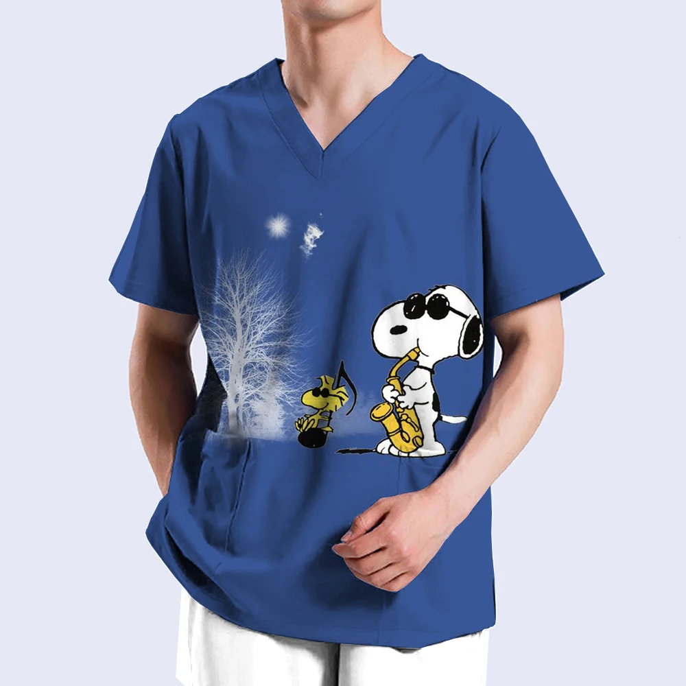 ملابس طبية للرجال مطبوعة على شكل سنوبي ، زي تمريض ، قمم فرك ، بدلات ممرضة ، ملابس عمل للمختبر ، زي طبيب طب الأسنان ، مقاس كبير ، جراحي