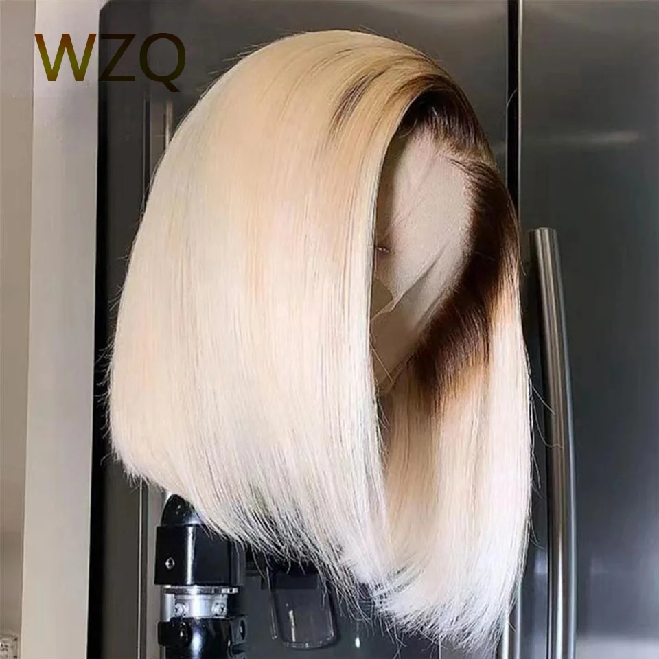 Peluca de cabello humano liso de 13x4 para mujer, postizo de encaje Frontal ombré 613 HD, corte Bob corto 180%, prearrancado, transparente