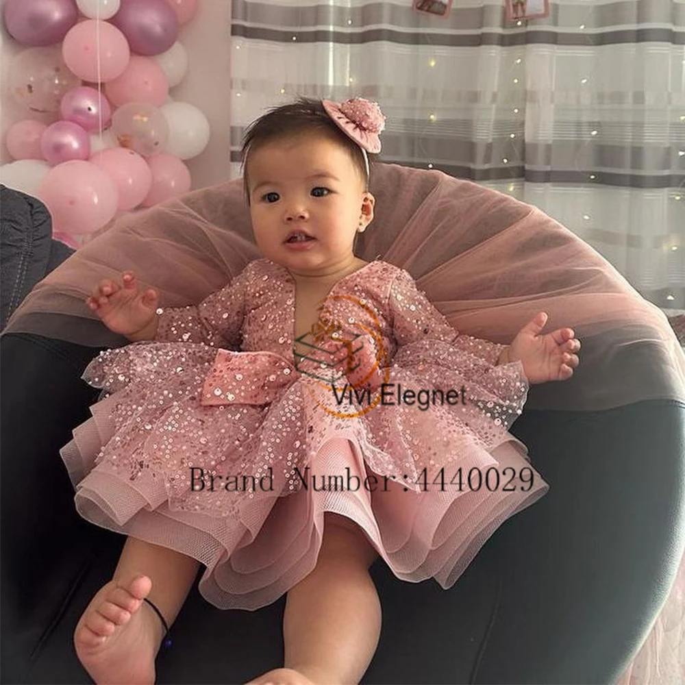 Charming Pink Flower Girls Dresses with Sequined 2023 New Full Sleeve Christmas Gowns V Neck Knee Length فلور فتاة اللباس