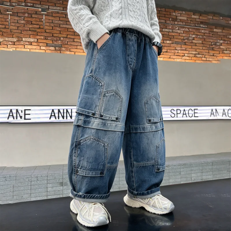 Boys' Trendy Cool Autumn Jeans Kids Irregular Inverted Multi-Pocket Curved Loose Fit Denim Pants Children's Baggy Cargo Trousers