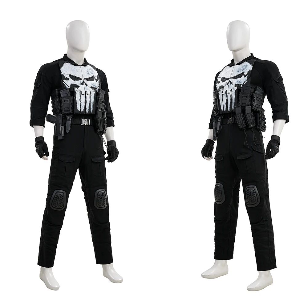 Superhero Punish Cosplay Costume Men's Frank Castle Fantasy Black Vest Armor Suit Halloween Party Full set Uniform
