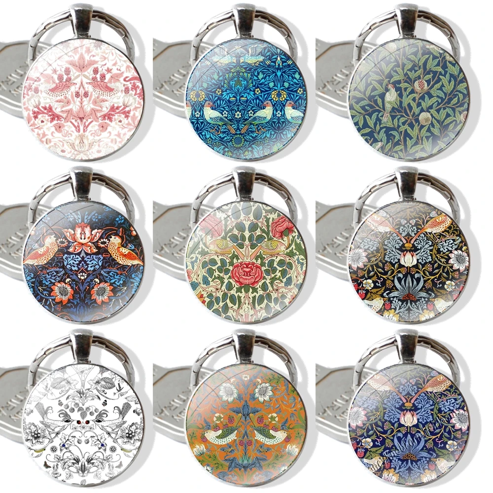 Keychain Handmade Glass Cabochon Key Ring Holder Pendant Key Chains Bird By William Morris