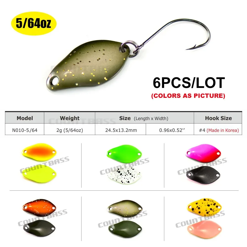 6PCS Countbass Casting Spoon Size 24.5x13.2mm, 2g 5/64oz Freshwater Salmon Trout Pike Bass Metal Brass Fishing Lures Fish Bait