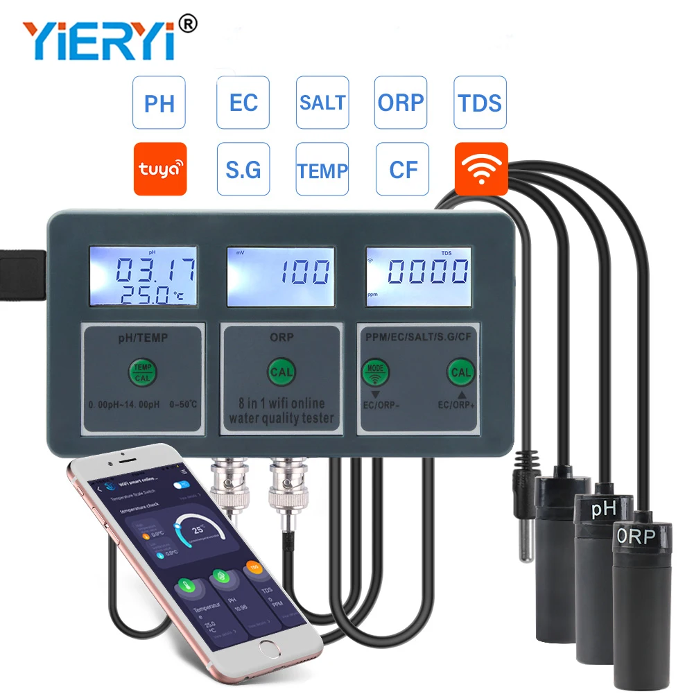 Tuya Aquarium Water Quality Tester Medidor de ph Inteligente Monitor de Água Potável Piscina Orp Tds ce Sal Temp Wi-fi em 1