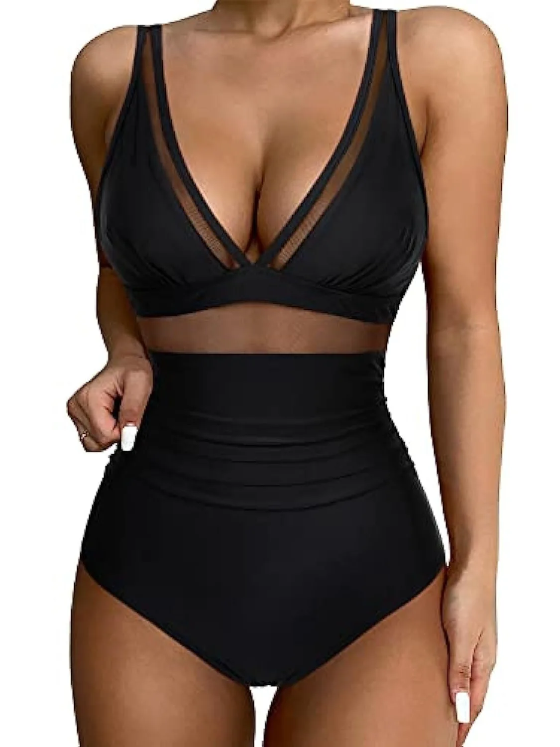 

European American Popular One-piece Swimsuit Female Sexy Hollow Mesh Deep V Gathering Perspective Bikini 원피스 수영복 한국 Y2k