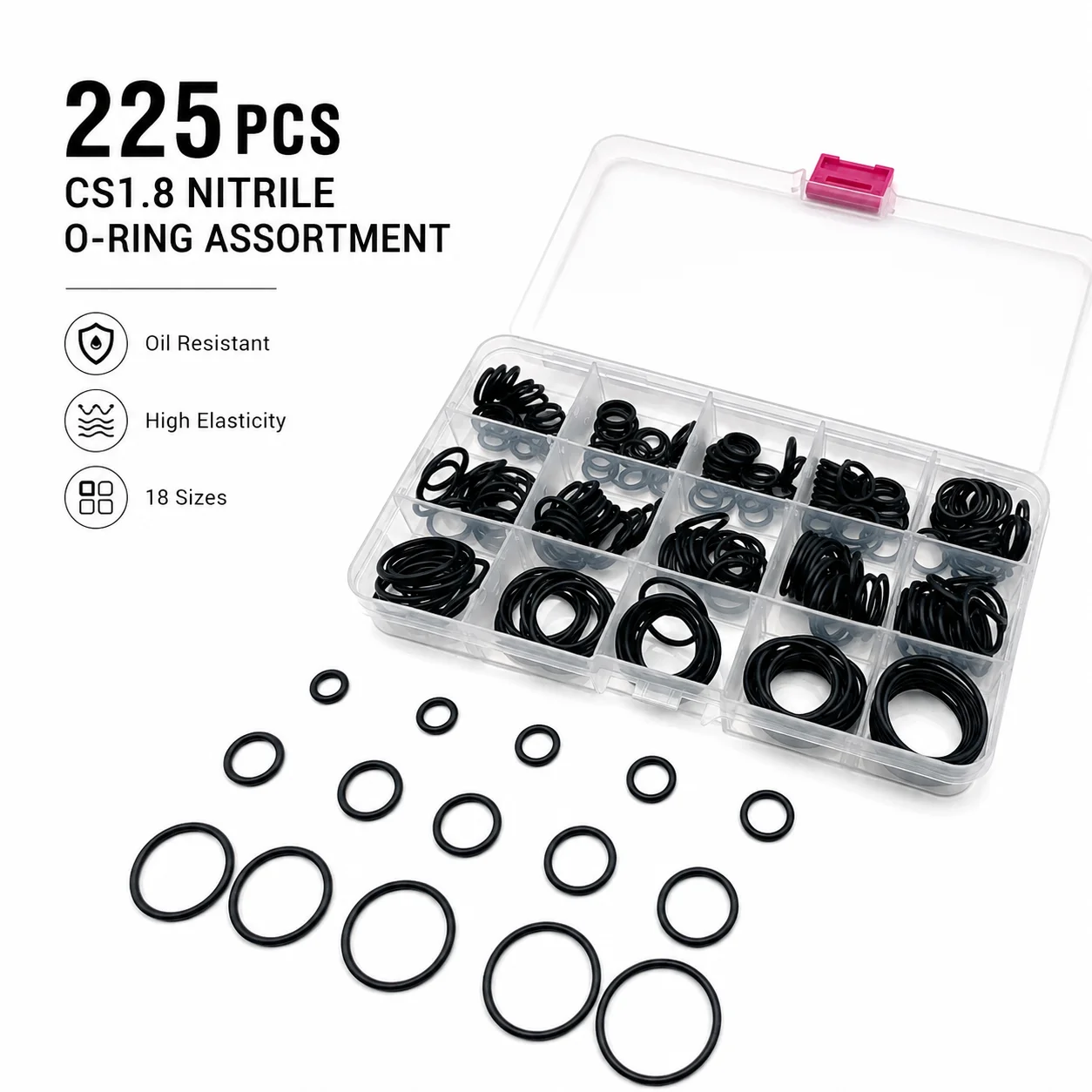 225 Pcs NBR Nitrile Rubber O-Ring CS 1.8mm OD 6-25mm Leakproof Sealing Rubber Ring For Equipment Pipeline Combination Kit