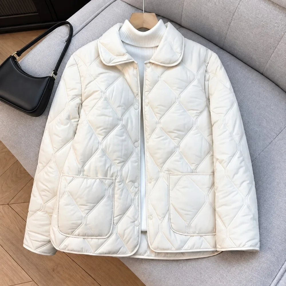 Rhomb Pattern Short Cotton Coat Warm Lining Big Pocket Casual Down Jacket Double-sided Wearable Turn-down Collar Quilted Jacket