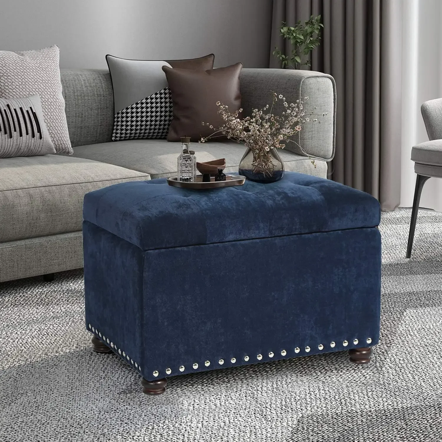 Tufted Storage Ottoman Bench Velvet Footrest Stool with Lift Top & Nailhead Trim (Navy Blue)