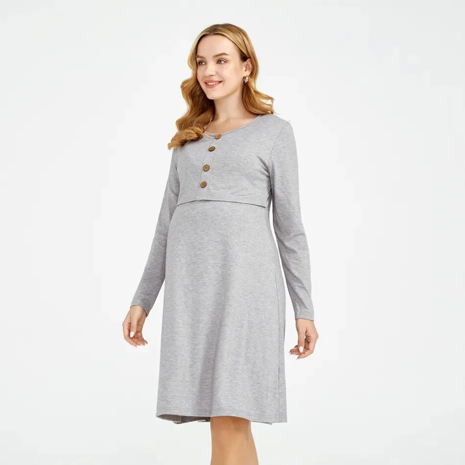 Maternity Simple Nursing Dress Loose Fit High Waisted Long Sleeve O-Neck  Gary Pregnancy for Spring & Autumn - AliExpress 1501