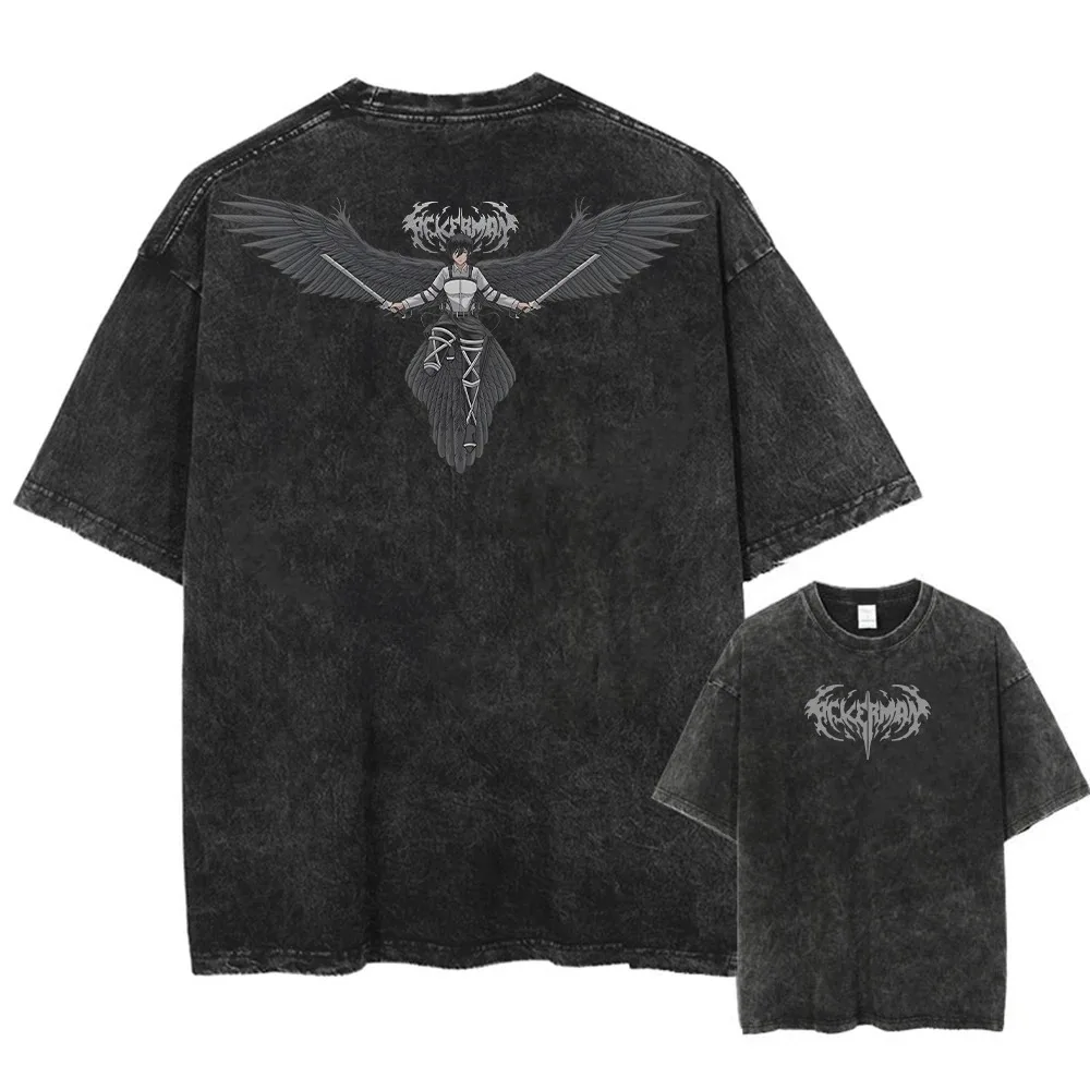 Anime Attack on Titan Eren Jaeger Omni-directional Mobility Gear Graphic Print T-shirt Men Women Retro Washed O-neck Cotton Top
