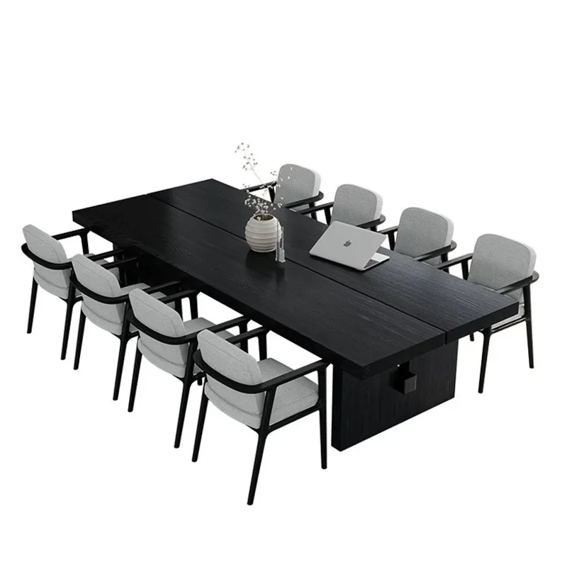 Black light luxury solid wood desk modern log computer conference minimalist long large negotiation table and chair combination