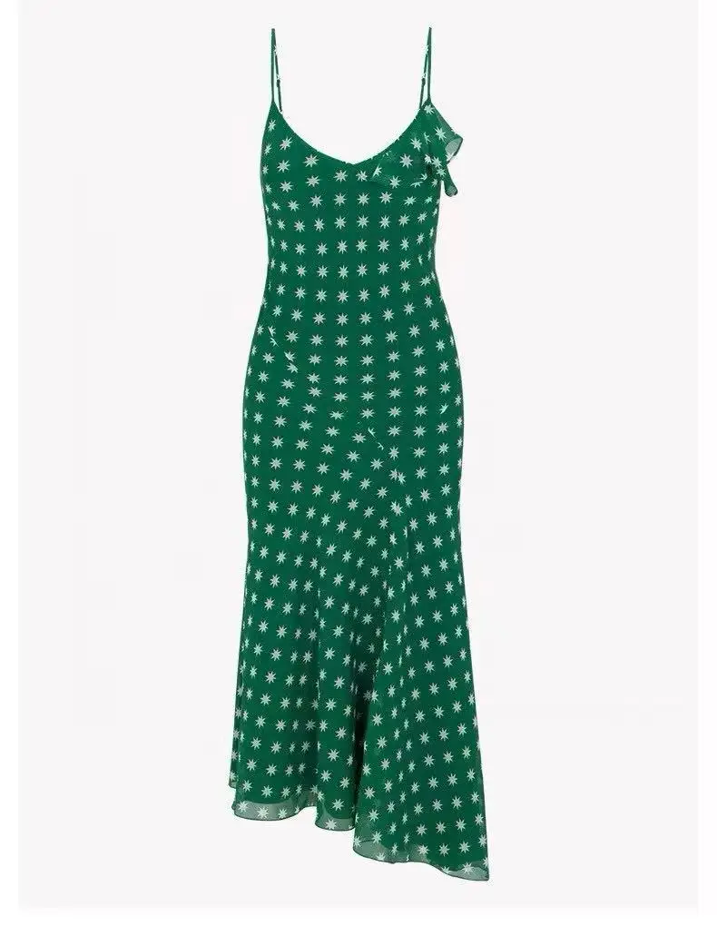 Vestido largo de seda verde para mujer, vestido elegante de fiesta Sexy ajustado asimétrico con adorno de encaje, nuevo estilo de otoño