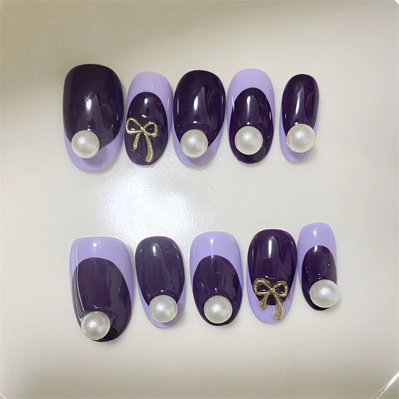 10 Uds. De uñas postizas cortas hechas a mano, decoración francesa con purpurina bonita, puntas de uñas postizas usables, conjunto de uñas de Ballet con lazo de perlas