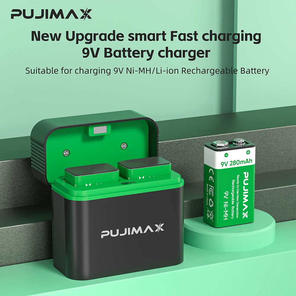 PUJIMAX 9V Rechargeable Battery+Charger 280mAh Ni-MH Batteries for Multimeter Microphone Toy Remote Control Guitar Smoke Alarm