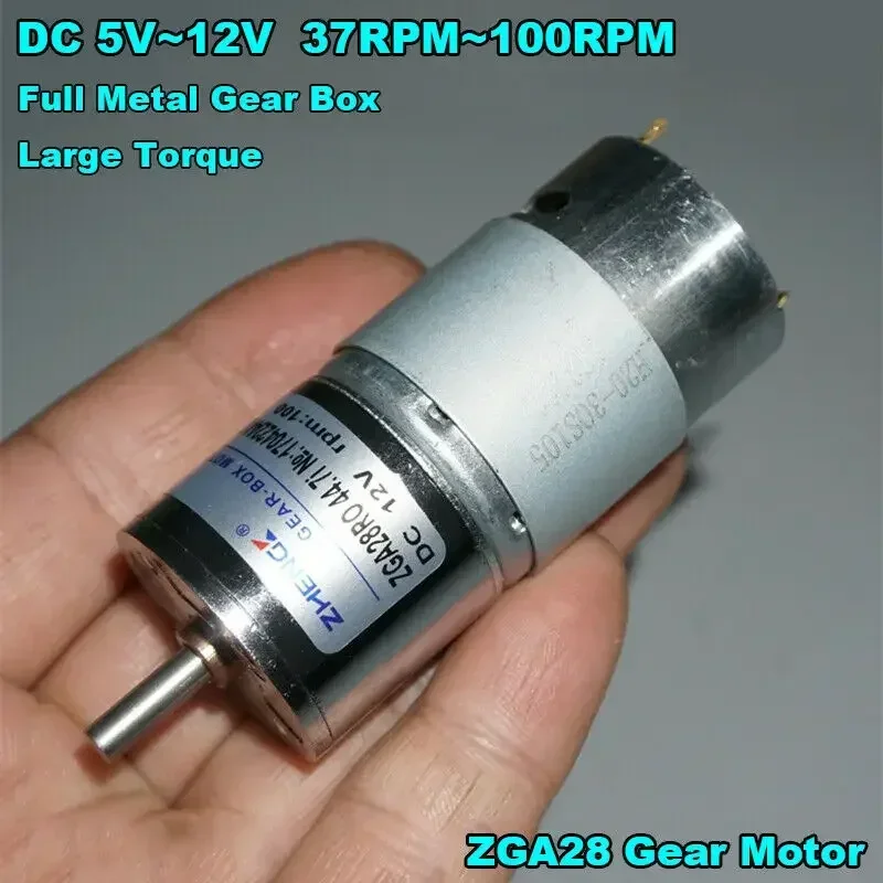 28MM ZGA28 385 Full Metal Gearbox Gear Motor DC 6V-12V 100RPM Slow Speed Large Torque D-shaft 44.7:1 Reduction Ratio for Robot