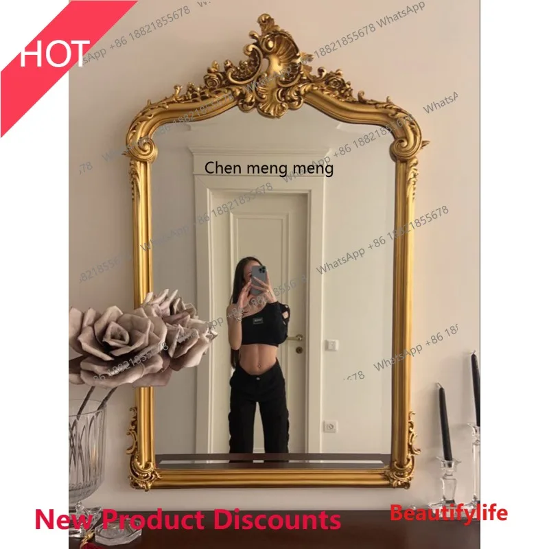 

European makeup mirror wall-mounted light luxury retro carved makeup mirror bedroom wall-mounted bathroom mirror