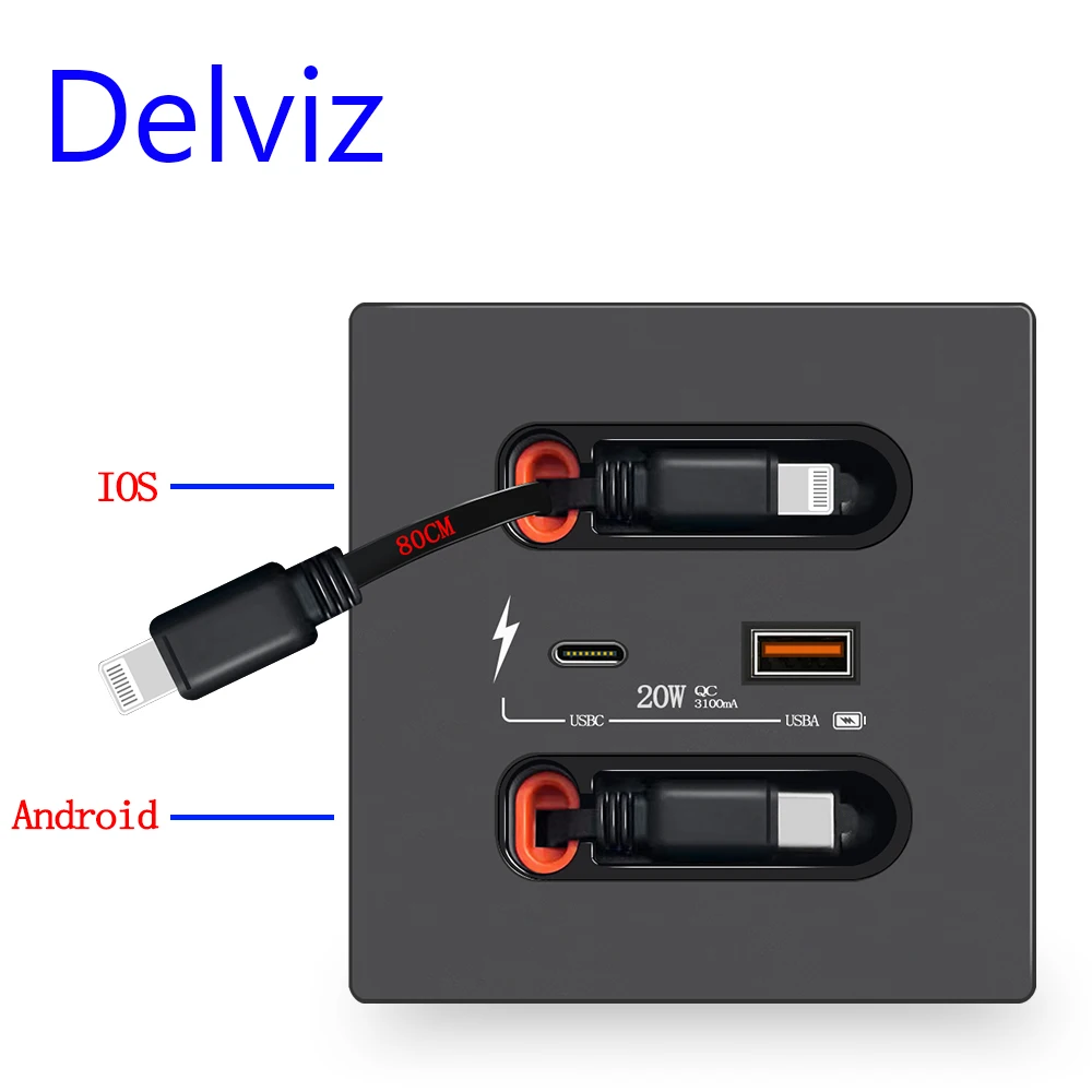 Delviz Type-C Wall USB Socket, 20W Fast charging Universal 5V 3100MA USBA+USBC Port, USB Socket with charging cable Retractable